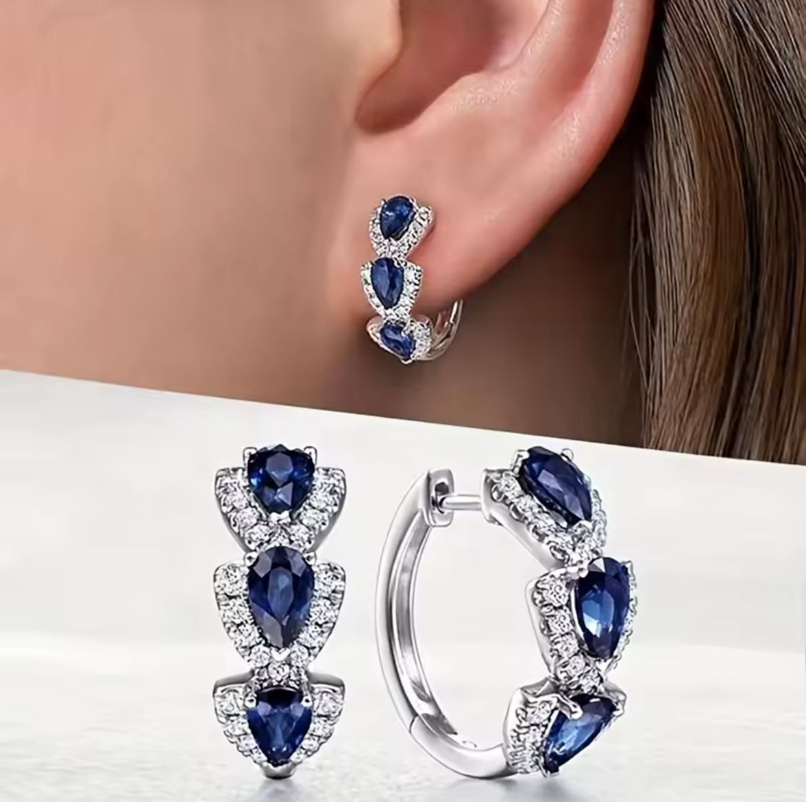 2Ct Pear Cut Moissanite Blue Sapphire Hoop Women Earrings14K White Gold Plated